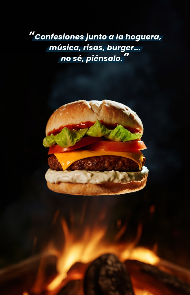 Floating burger in a camping environment, conceptual image from the Burgers Moments campaign.