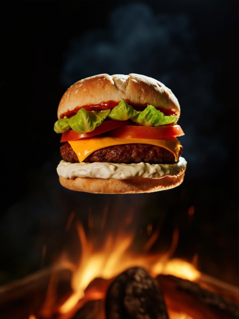 Floating burger in a camping environment, conceptual image from the Burgers Moments campaign.