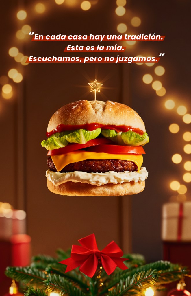 Floating burger in a Christmas setting, conceptual image from the Burgers Moments campaign.