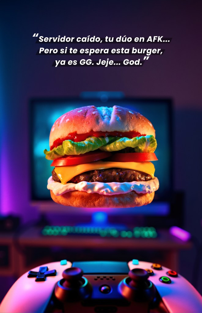 Floating burger during a gaming moment, conceptual image from the Burgers Moments campaign.