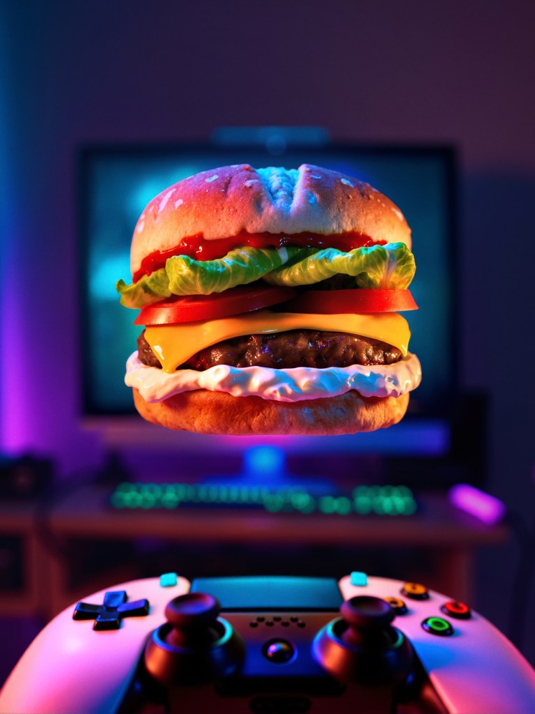 Floating burger during a gaming moment, conceptual image from the Burgers Moments campaign.