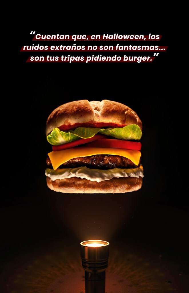 Floating burger in a Halloween setting, conceptual image from the Burgers Moments campaign.