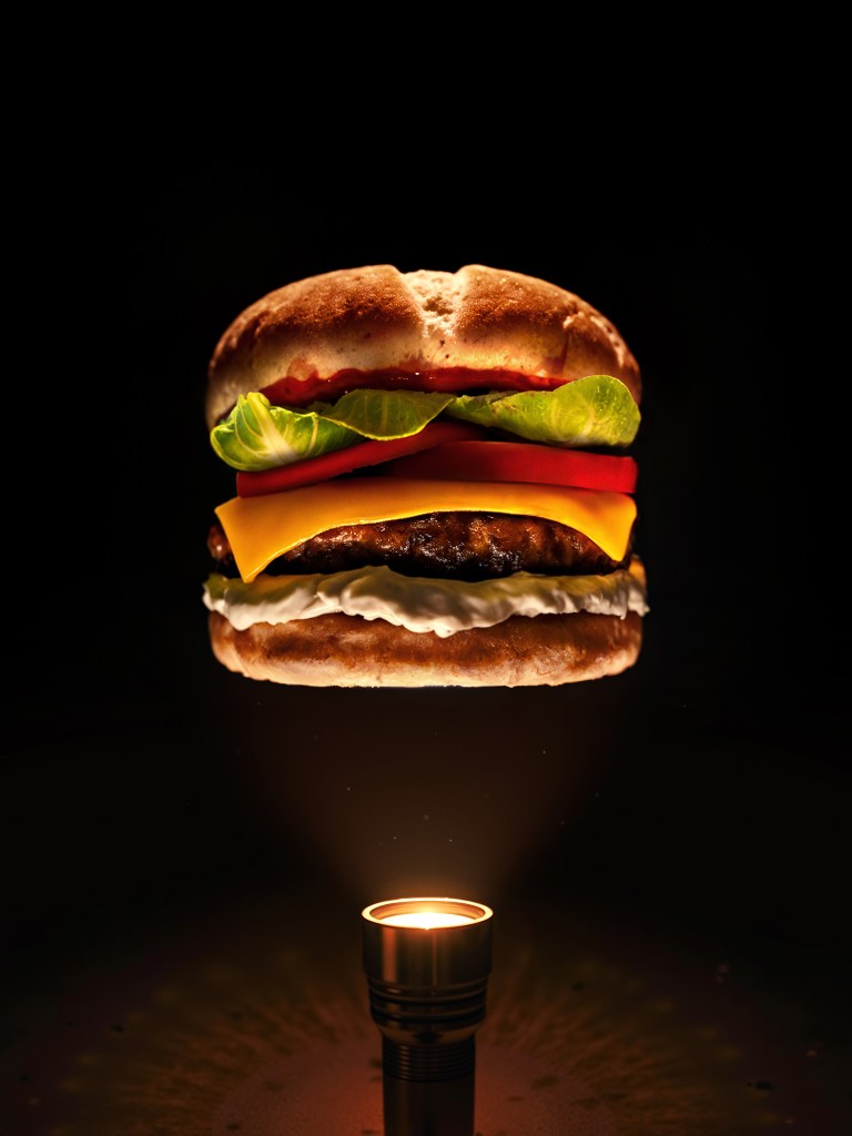 Floating burger in a Halloween setting, conceptual image from the Burgers Moments campaign.