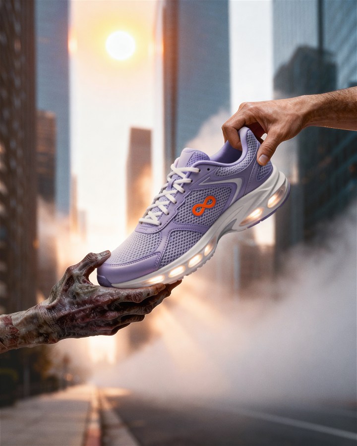 A hand offering Loopers sneakers to Sam, symbolizing both the beginning and the end of a cycle.