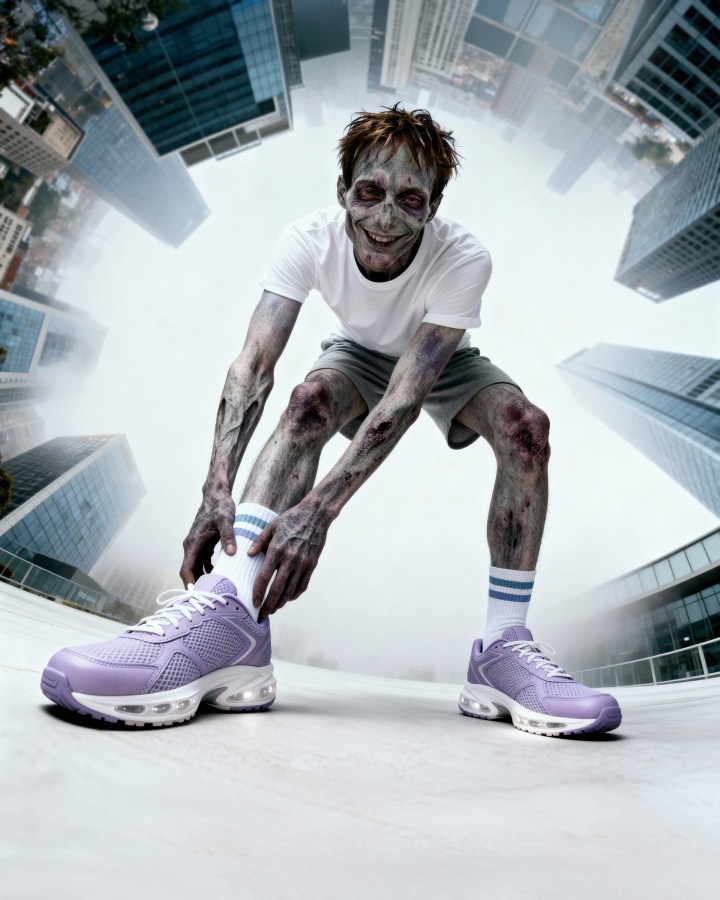 Sam stretching his legs while wearing Loopers sneakers in an urban environment.