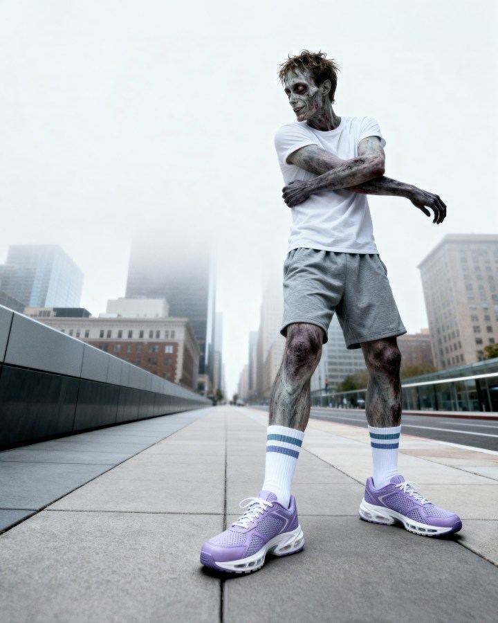 Sam stretching his arms before running, wearing Loopers sneakers.