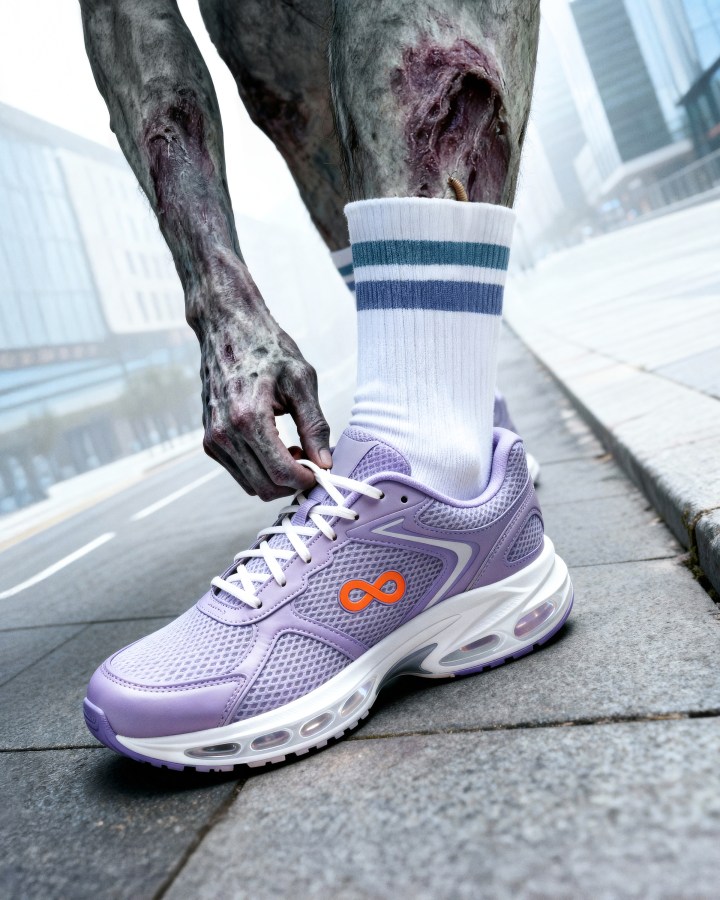 Close-up of hands tying Loopers sneakers laces before running.