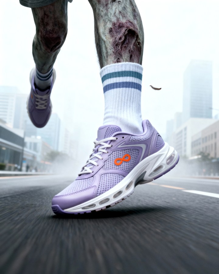 Sam running through the city wearing Loopers sneakers.