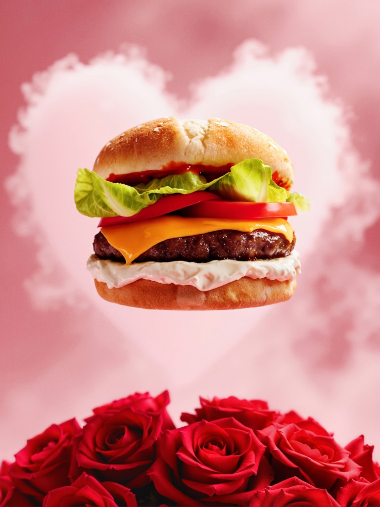 Floating burger in a Valentine’s Day setting, conceptual image from the Burgers Moments campaign.