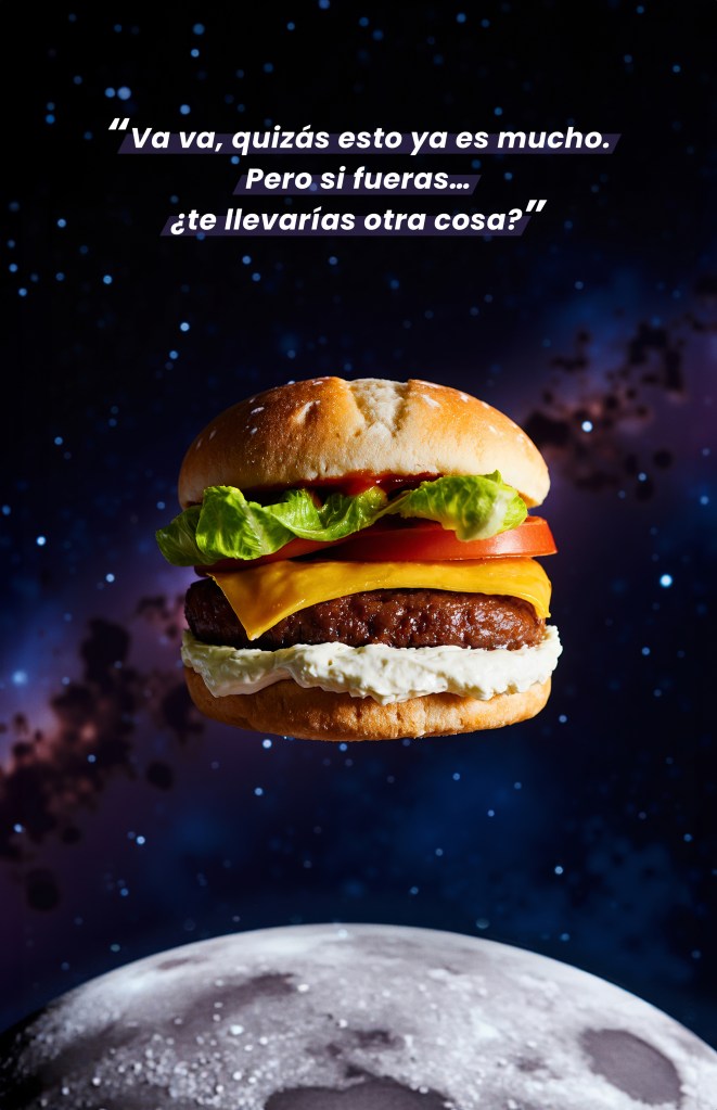 Floating burger in a lunar environment, conceptual image from the Burgers Moments campaign.