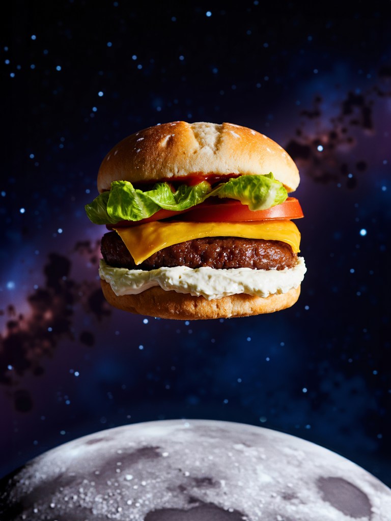 Floating burger in a lunar environment, conceptual image from the Burgers Moments campaign.