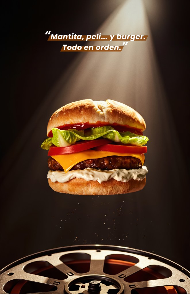 Floating burger during a movie moment, conceptual image from the Burgers Moments campaign.