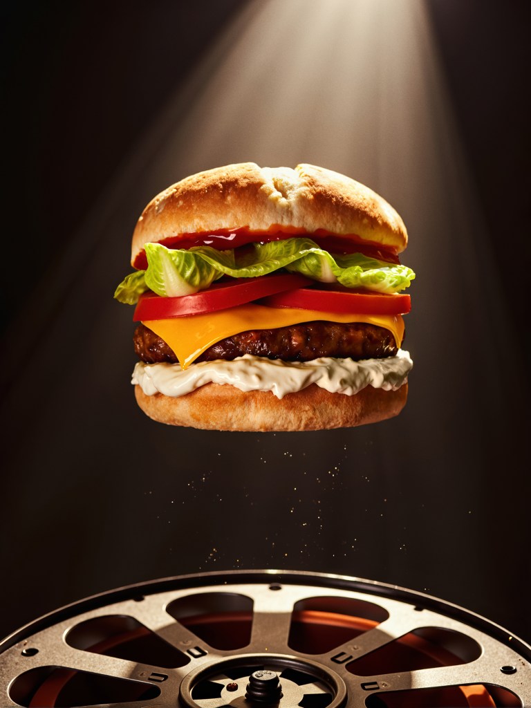 Floating burger during a movie moment, conceptual image from the Burgers Moments campaign.