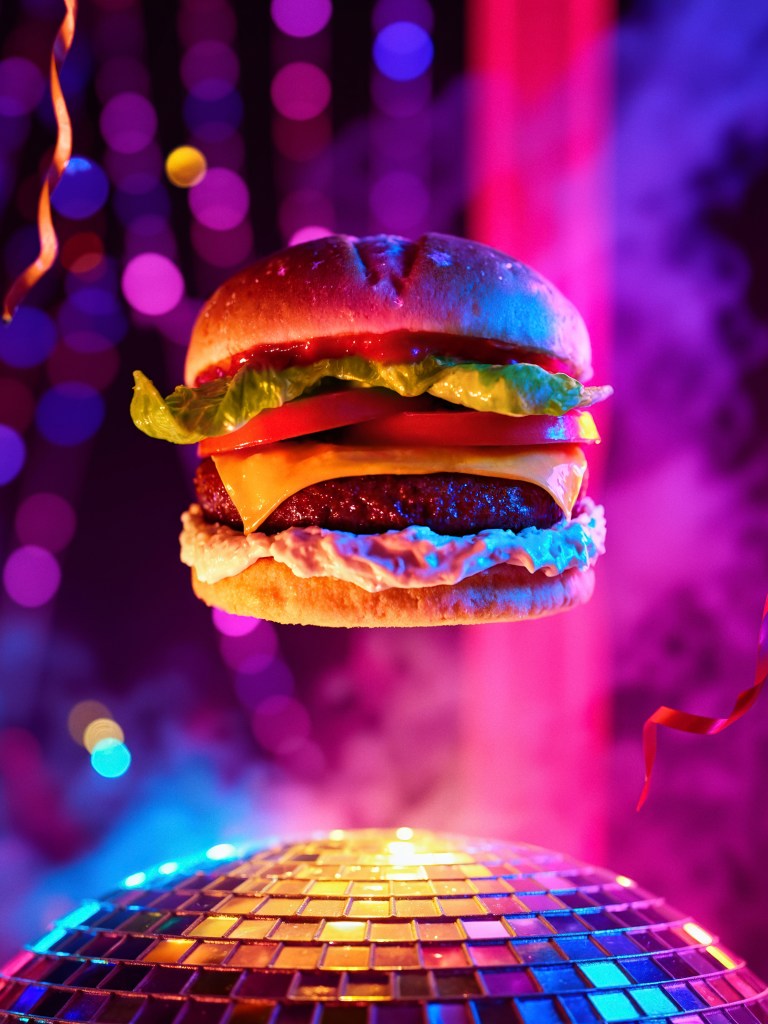 Floating burger in a party setting, conceptual image from the Burgers Moments campaign.