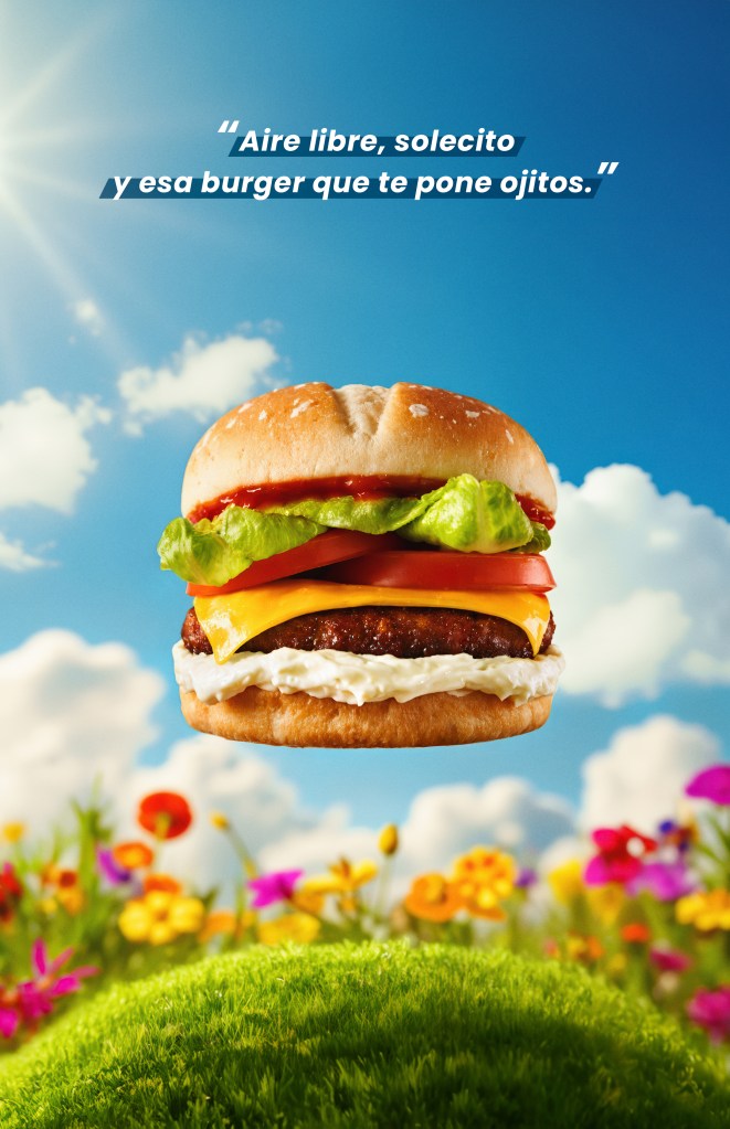 Floating burger in a park setting, conceptual image from the Burgers Moments campaign.