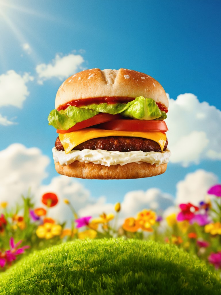 Floating burger in a park setting, conceptual image from the Burgers Moments campaign.