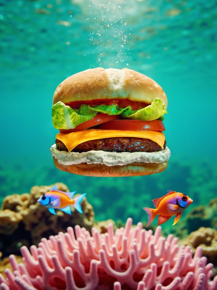 Floating burger underwater, conceptual image from the Burgers Moments campaign.