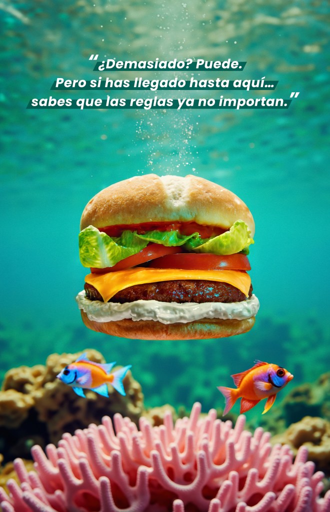 Floating burger underwater, conceptual image from the Burgers Moments campaign.