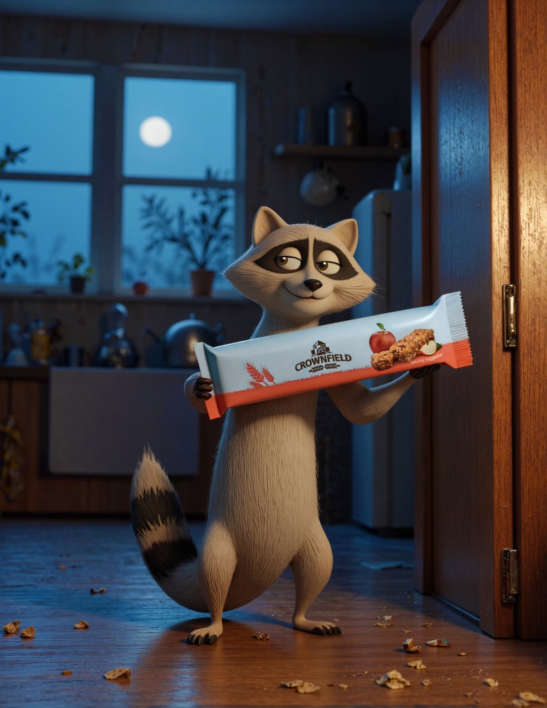 Conceptual image of a raccoon interacting with the Crownfield product in a stylized environment.