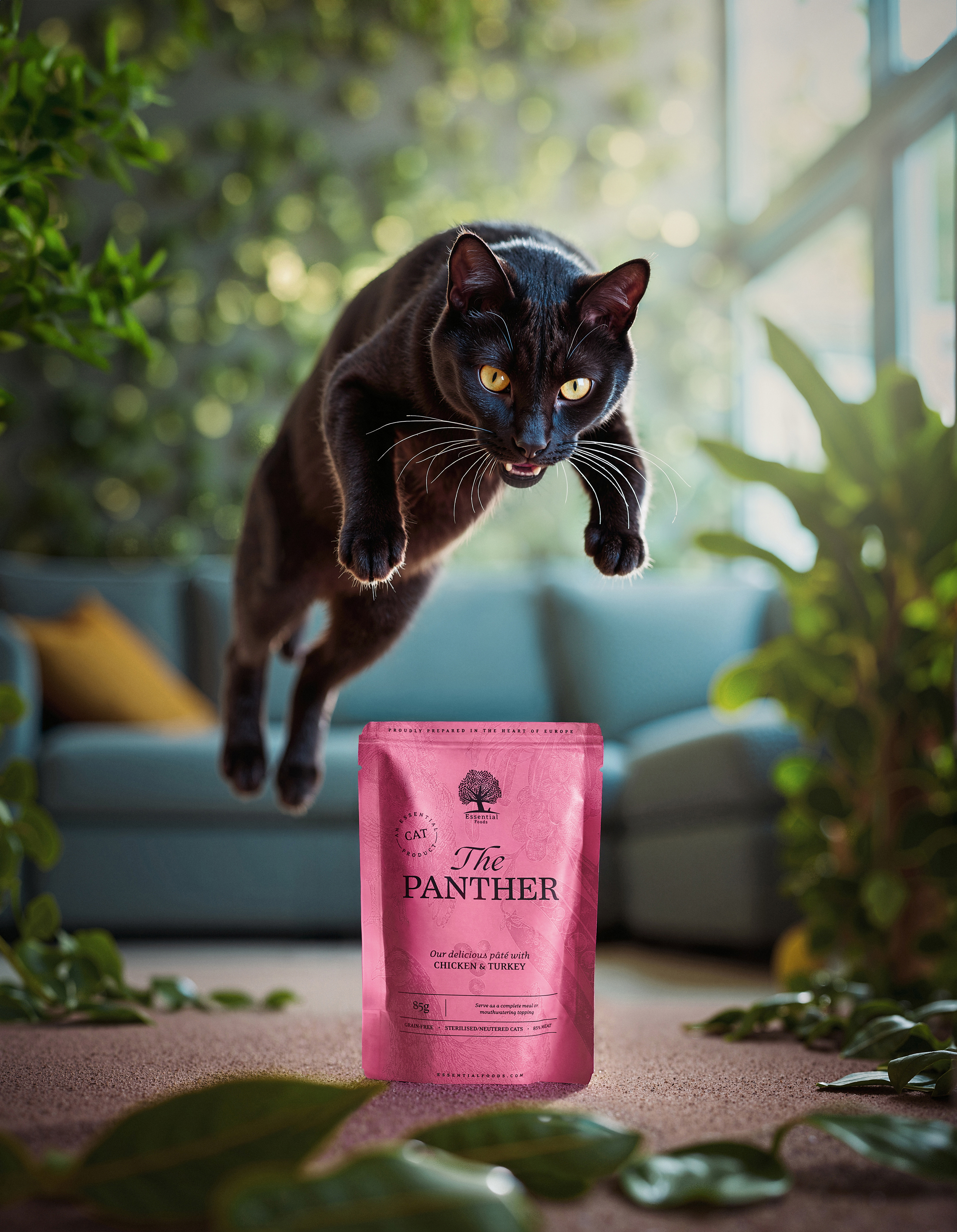 Conceptual image of The Panther product with a cat in a stylized environment.