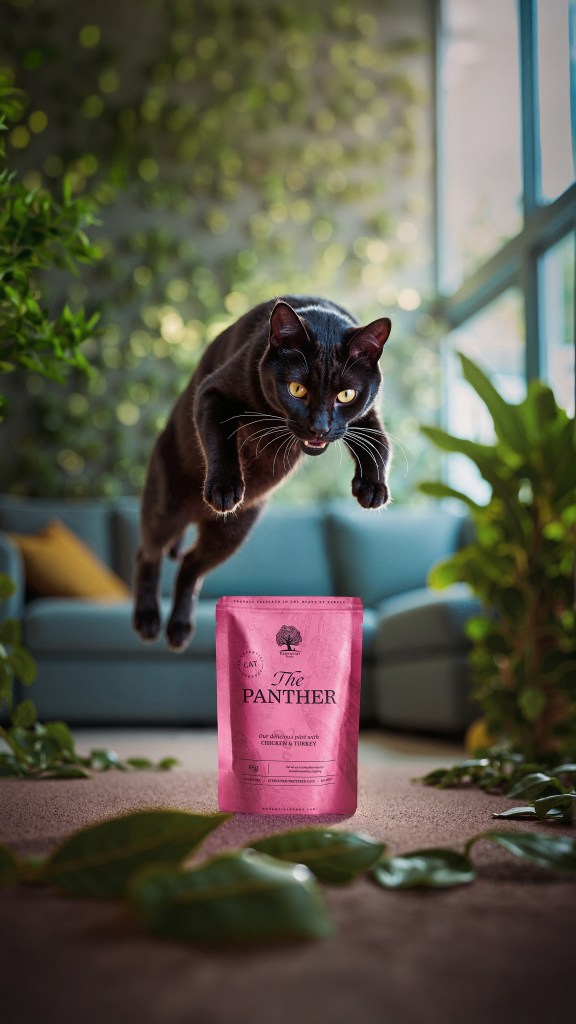 the-panther-concept-01_ Conceptual image of The Panther product with a cat in a stylized environment.