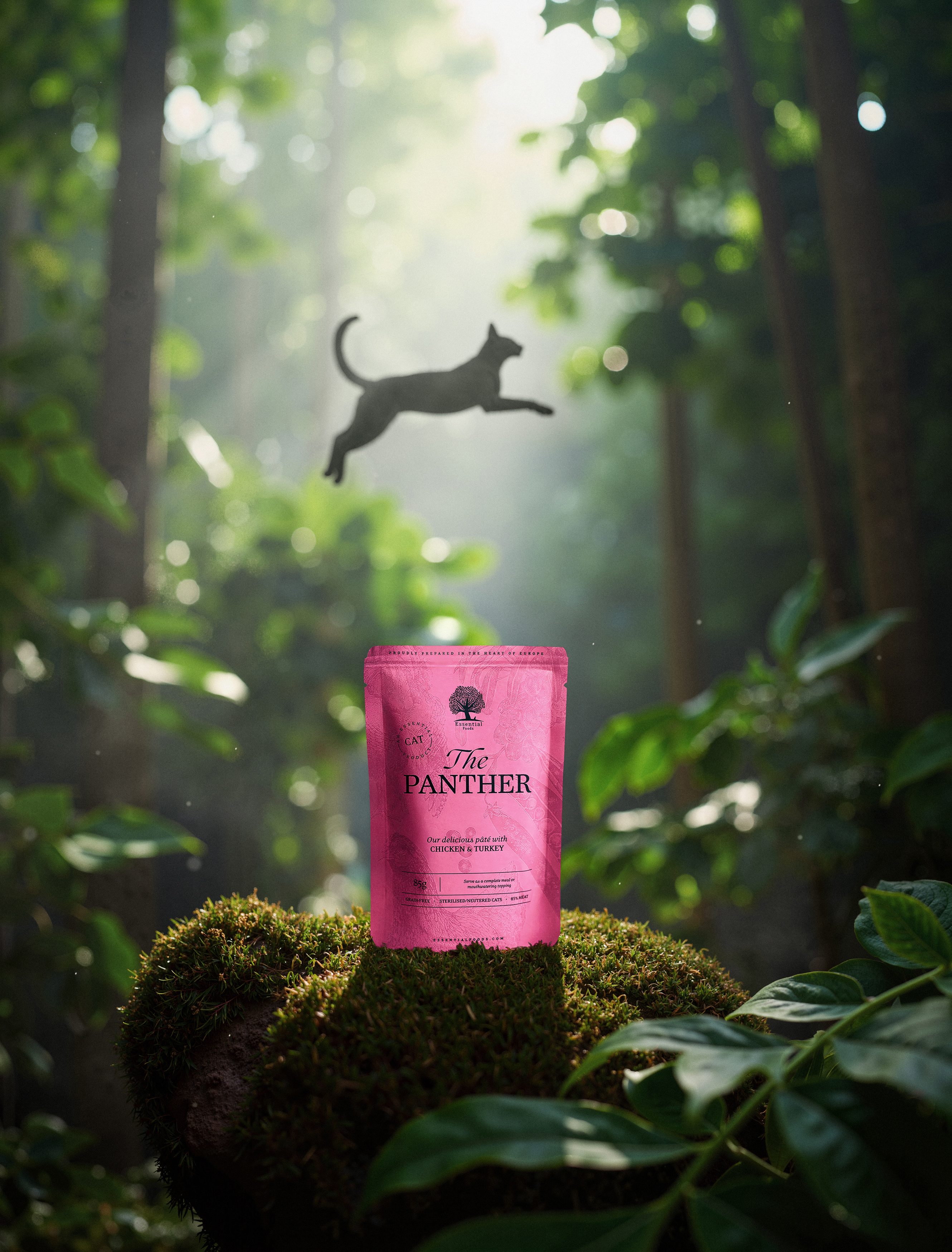 Conceptual image of The Panther product with a cat in a stylized environment.